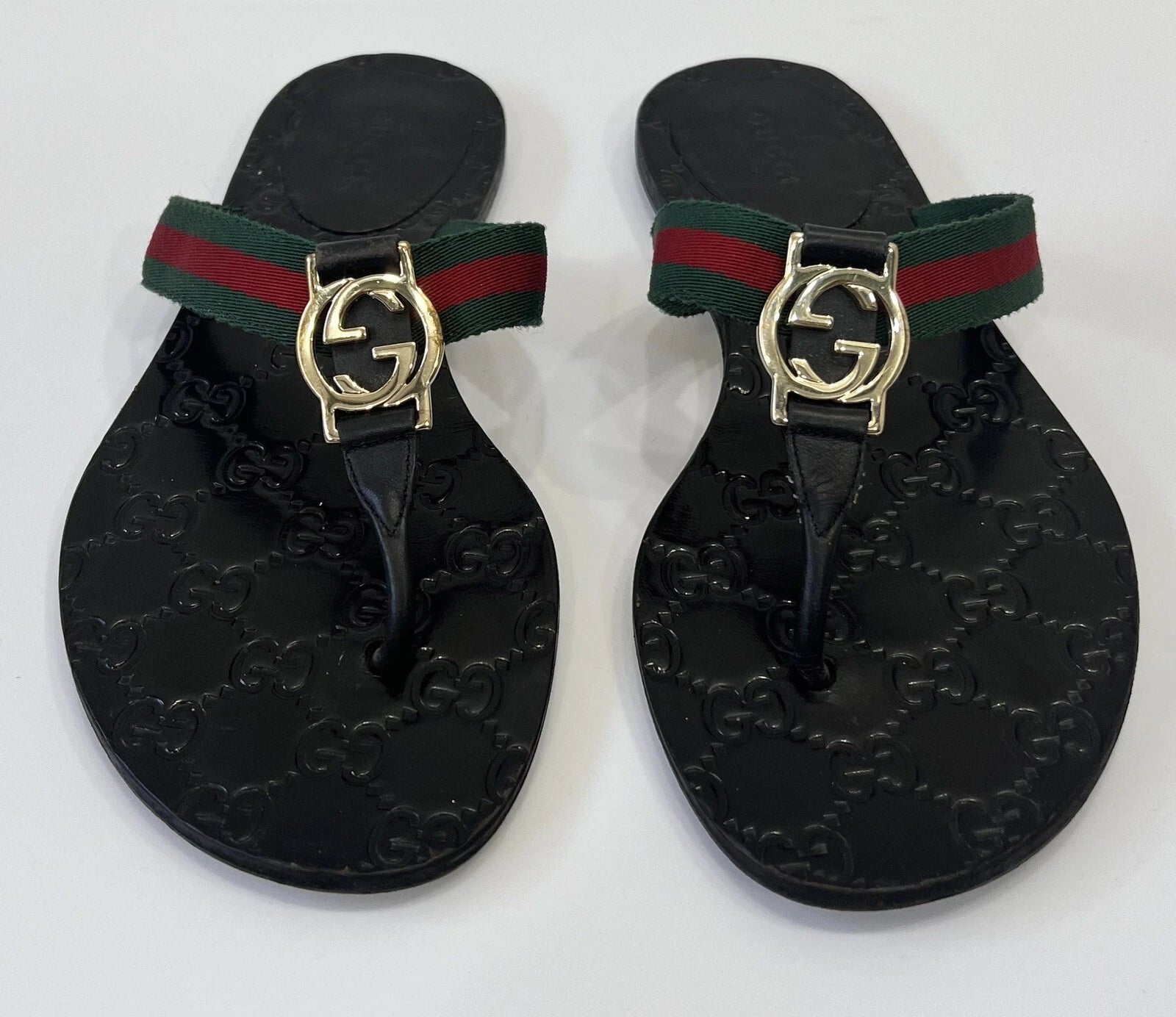 Gucci GG Web Stripe Thong Sandals EU 36 US 6 Black Flat Flip Flop Slide Slipper
