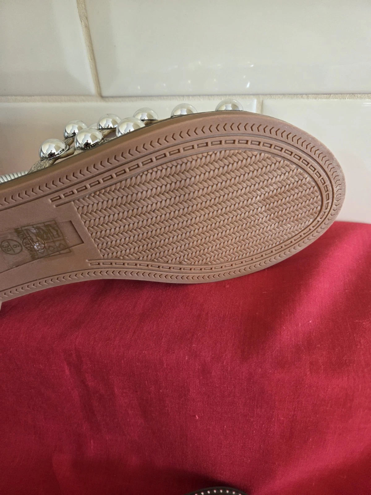 Women's Natural Snake Effect Slides Flip Flops With Chrome Studding Size 6