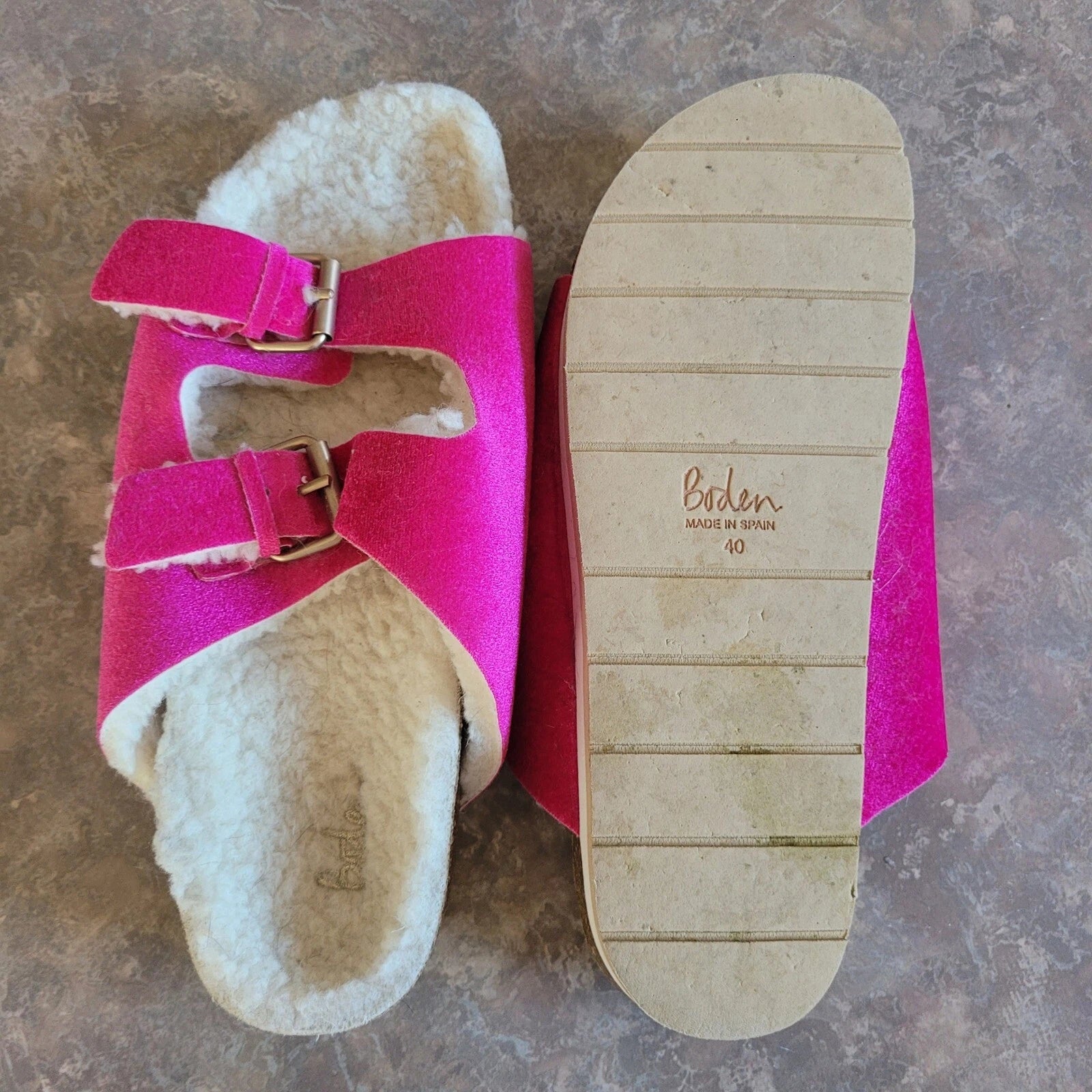 Boden Fuzzy Velvet Cosy Slides Sandals Hot Pink Adjustable Buckle 40 8.5 Sherpa