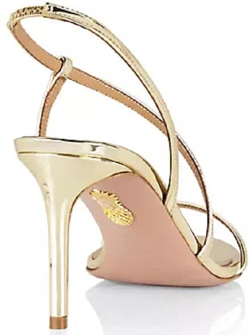 New AQUAZZURA $750 Shiny Gold Metallic Strappy Stiletto Sling Sandal Italy EU 37