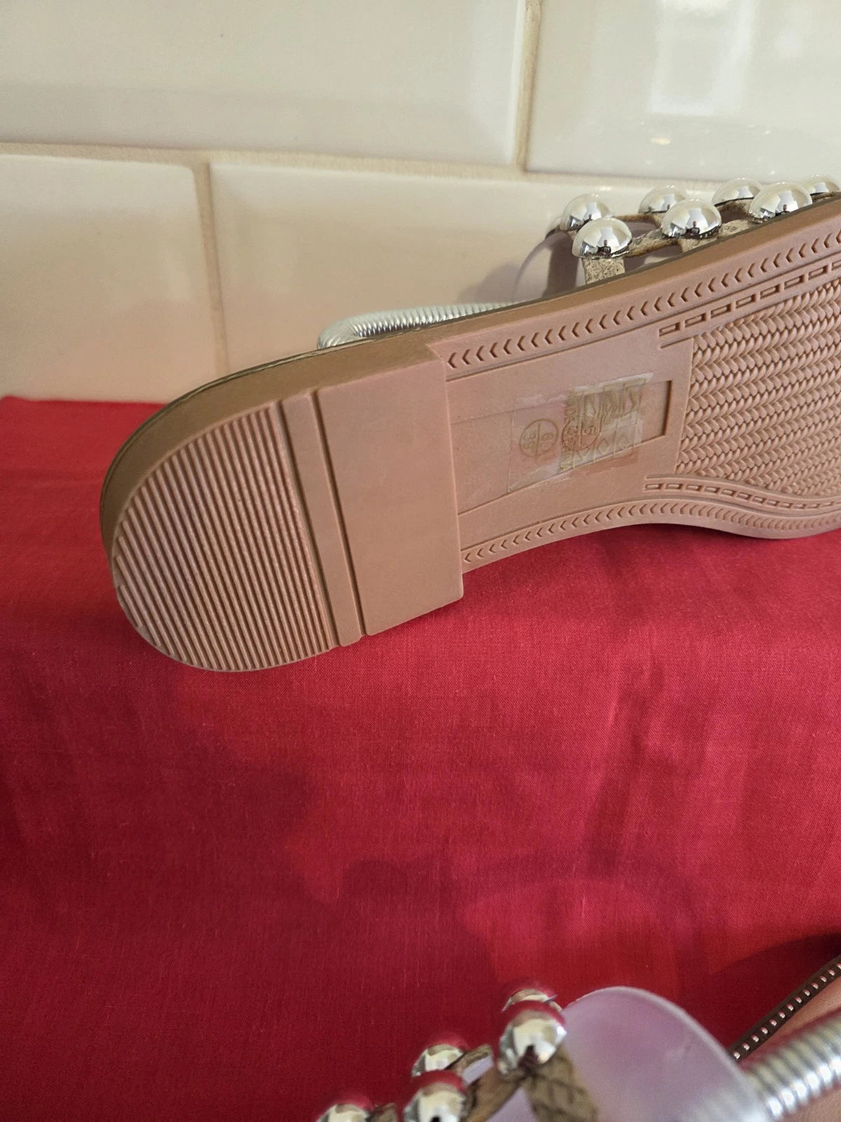 Women's Natural Snake Effect Slides Flip Flops With Chrome Studding Size 6