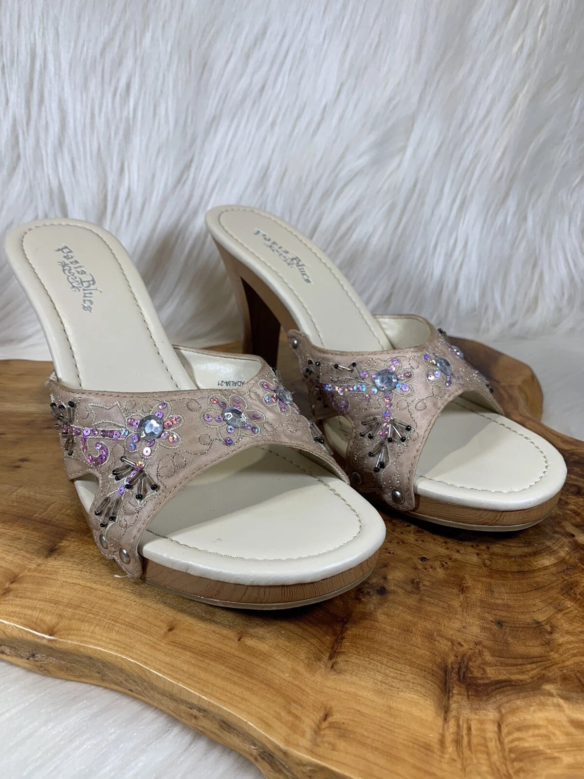 Paris Blues Slides Sandals Champagne Beaded Wm’s Size 10 Adalia-21 #754300
