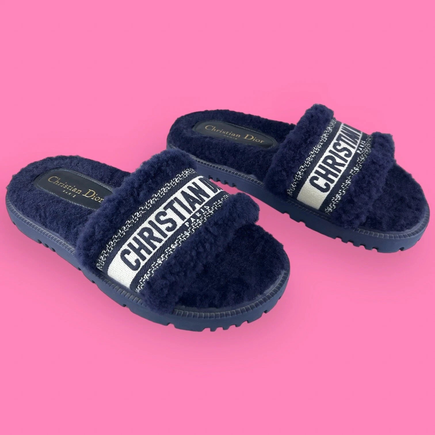 AUTHENTIC Christian Dior Dway Shearling Fur Deep Blue Slides Sandals - Size 36