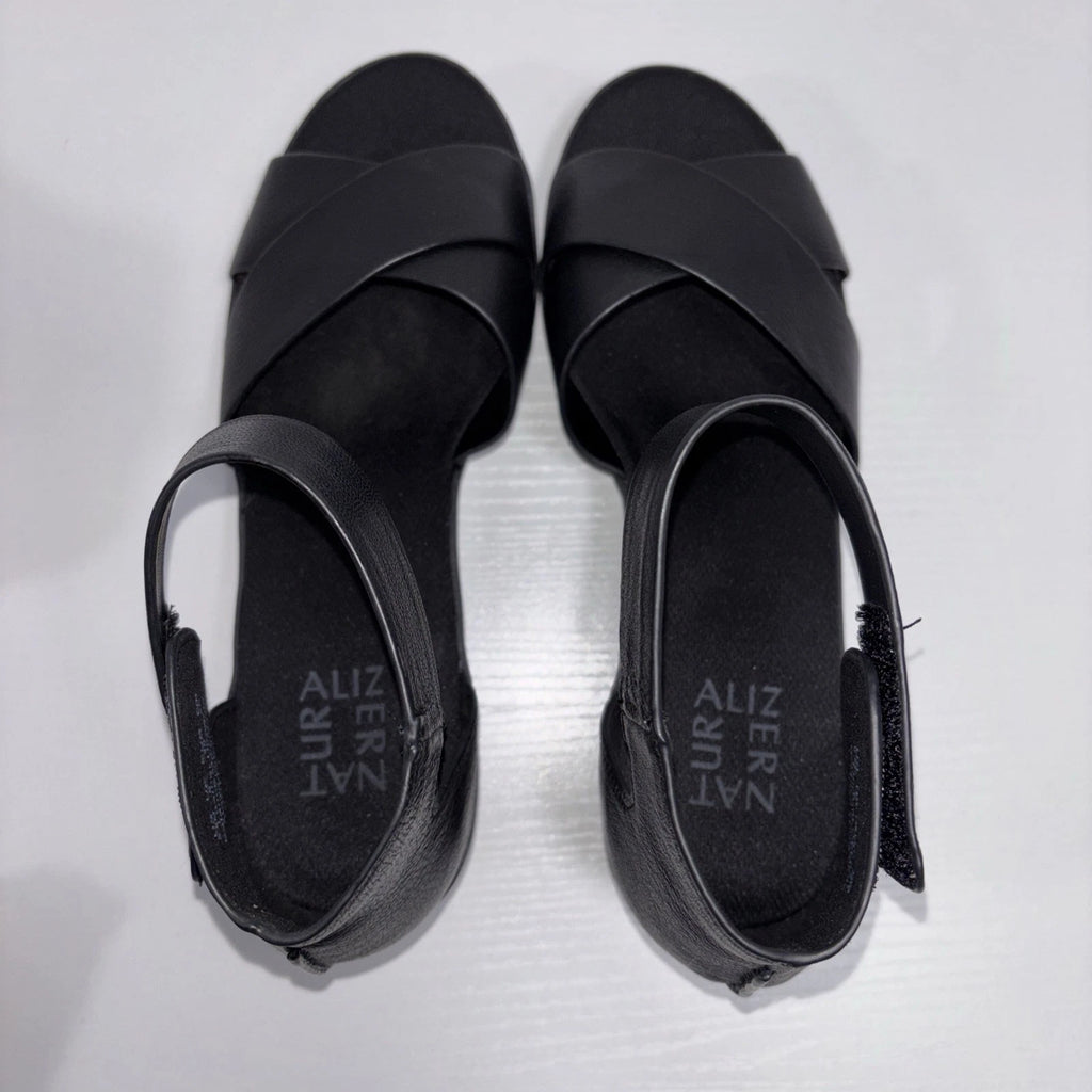 Naturalizer Riviera Womens Sz 8.5m Black Leather Flat Wedge Sandals NEW