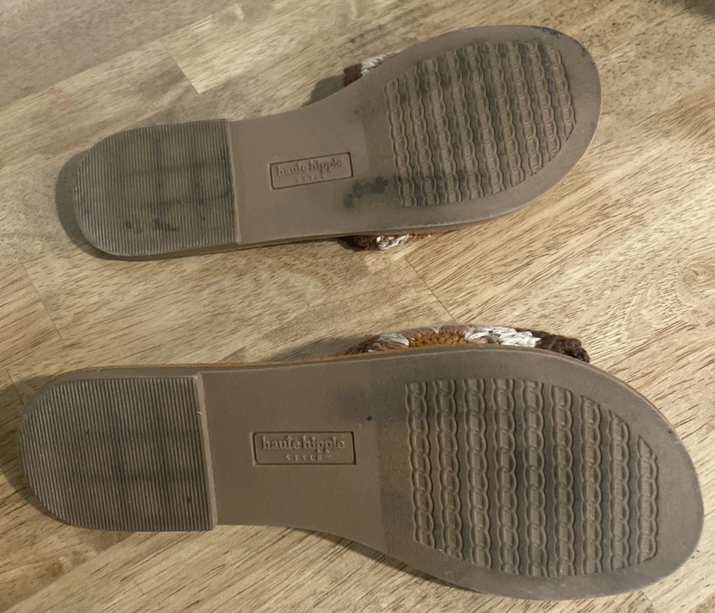 HAUTE HIPPIE  SZ  8 RIANNA SANDALS SLIDES Granny Core Fashion Brown  Square