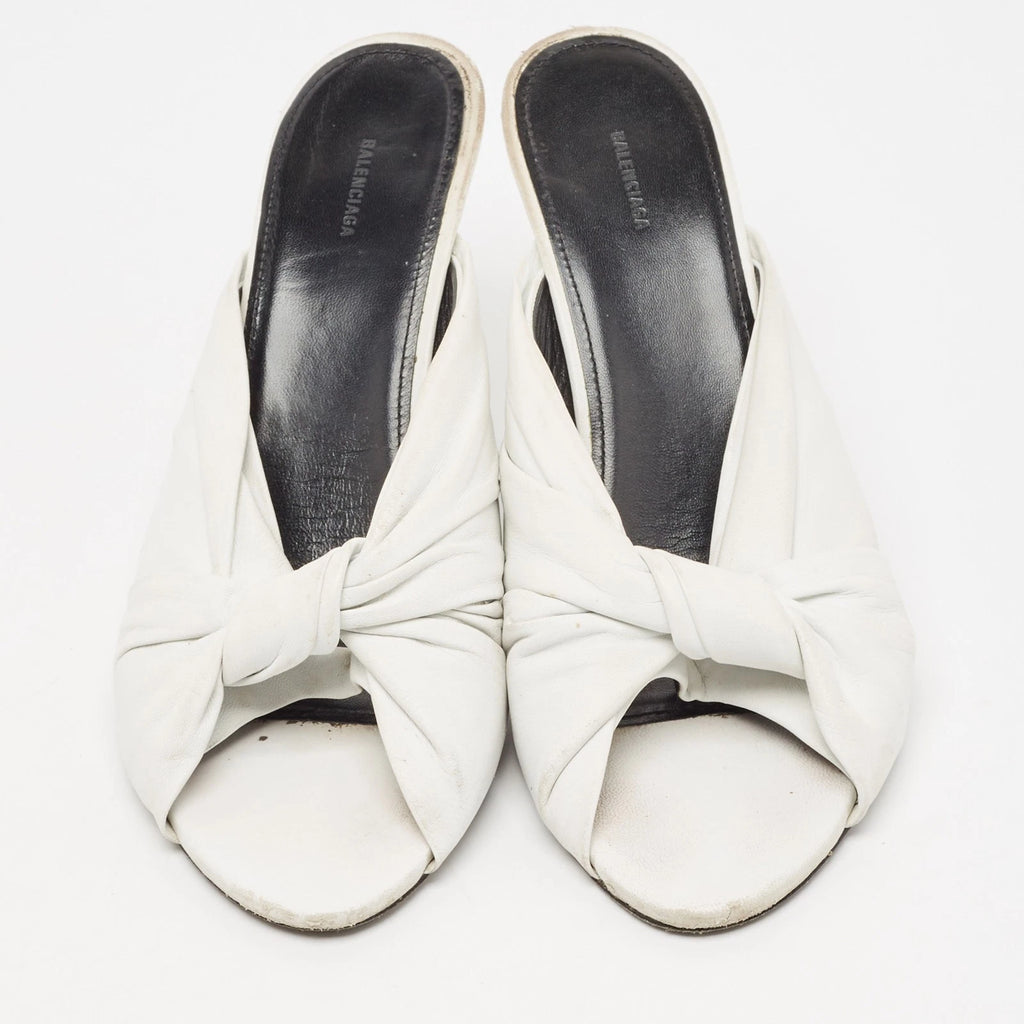 Balenciaga White Leather Knot Open Toe Slide Sandals Size 40.5