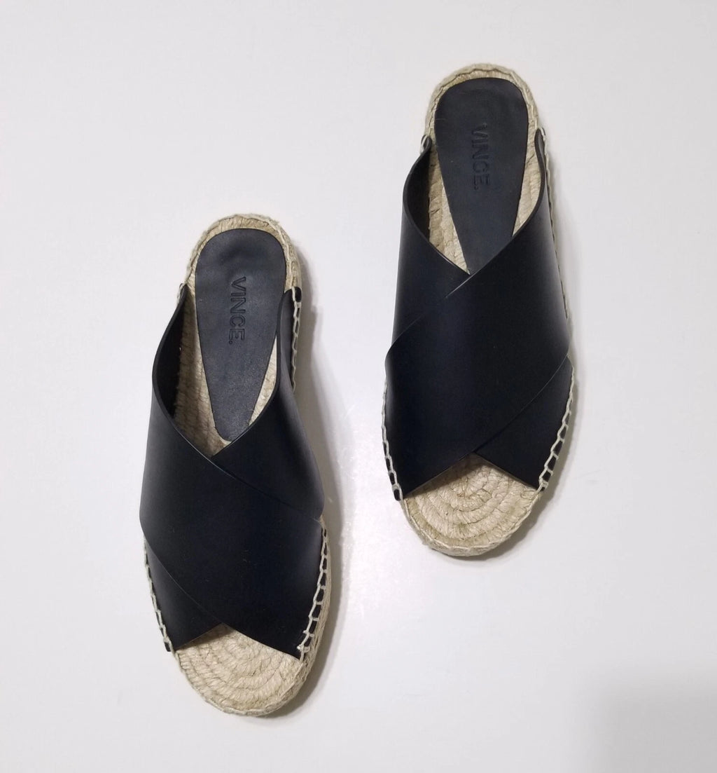 NIB Vince Castel Leather Crisscross Flat Espadrille Slide Sandal Black Sz 5 $225