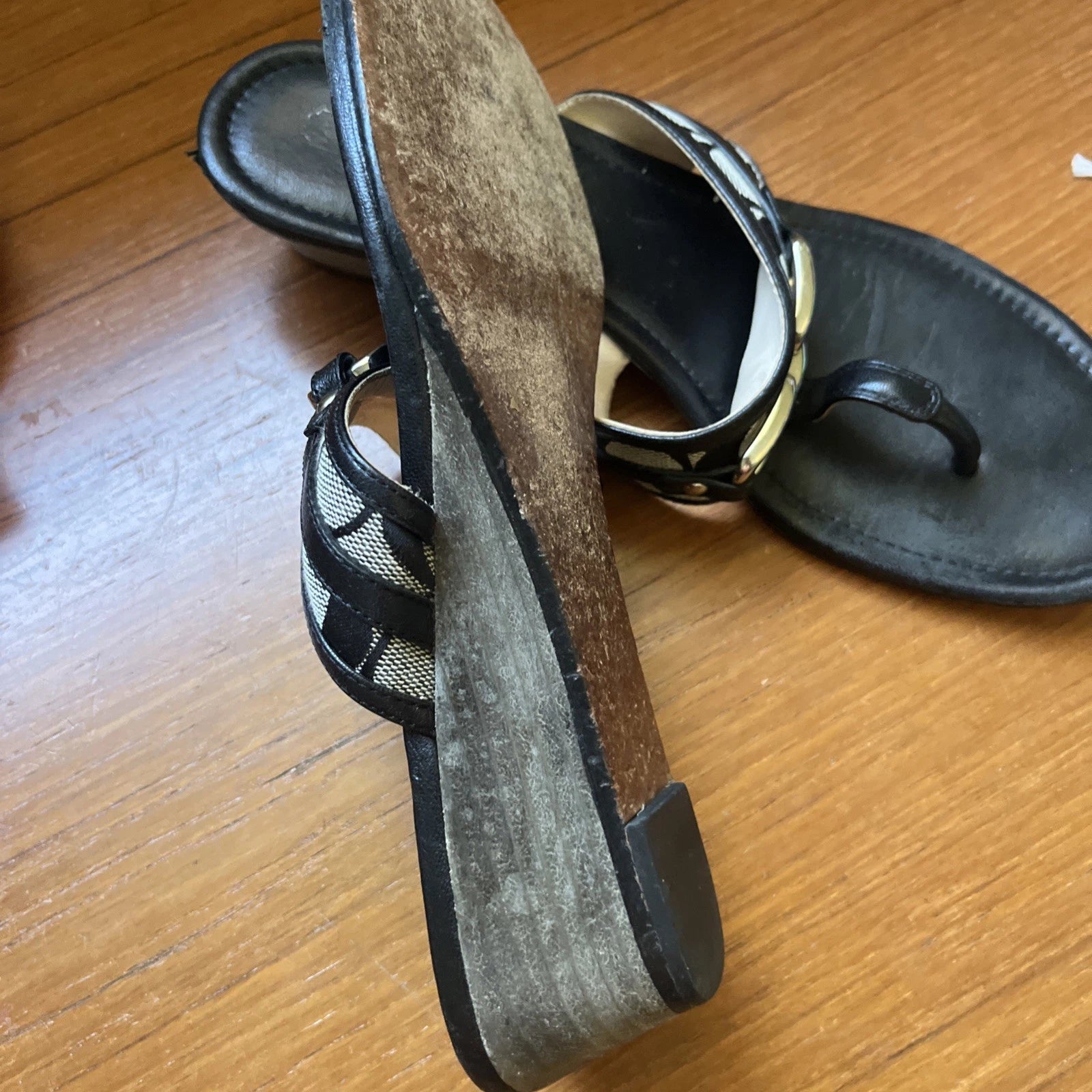 COACH Black Monogram Logo Virginia Signature Thong Slide Wedge Sandal Heels