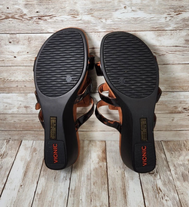 VIONIC Radia Brown Tortoise Shell Women's 10 WIDE Strap Wedge Slide Sandals NWOT