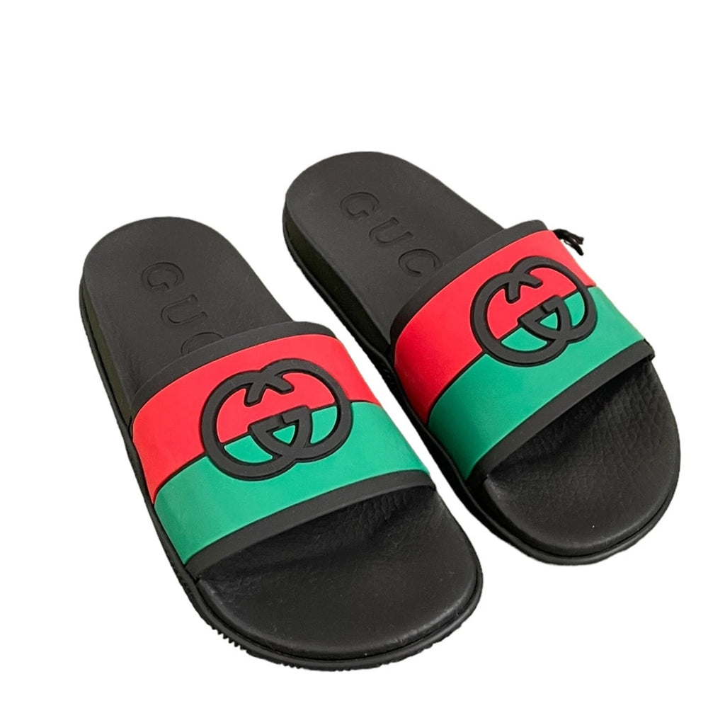Authentic GUCCI Women's Interlocking G Slide Sandal Black Red Green Size 37 NEW
