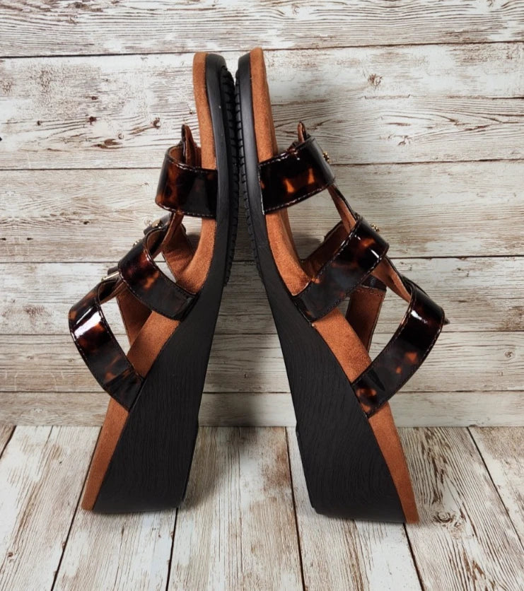 VIONIC Radia Brown Tortoise Shell Women's 10 WIDE Strap Wedge Slide Sandals NWOT