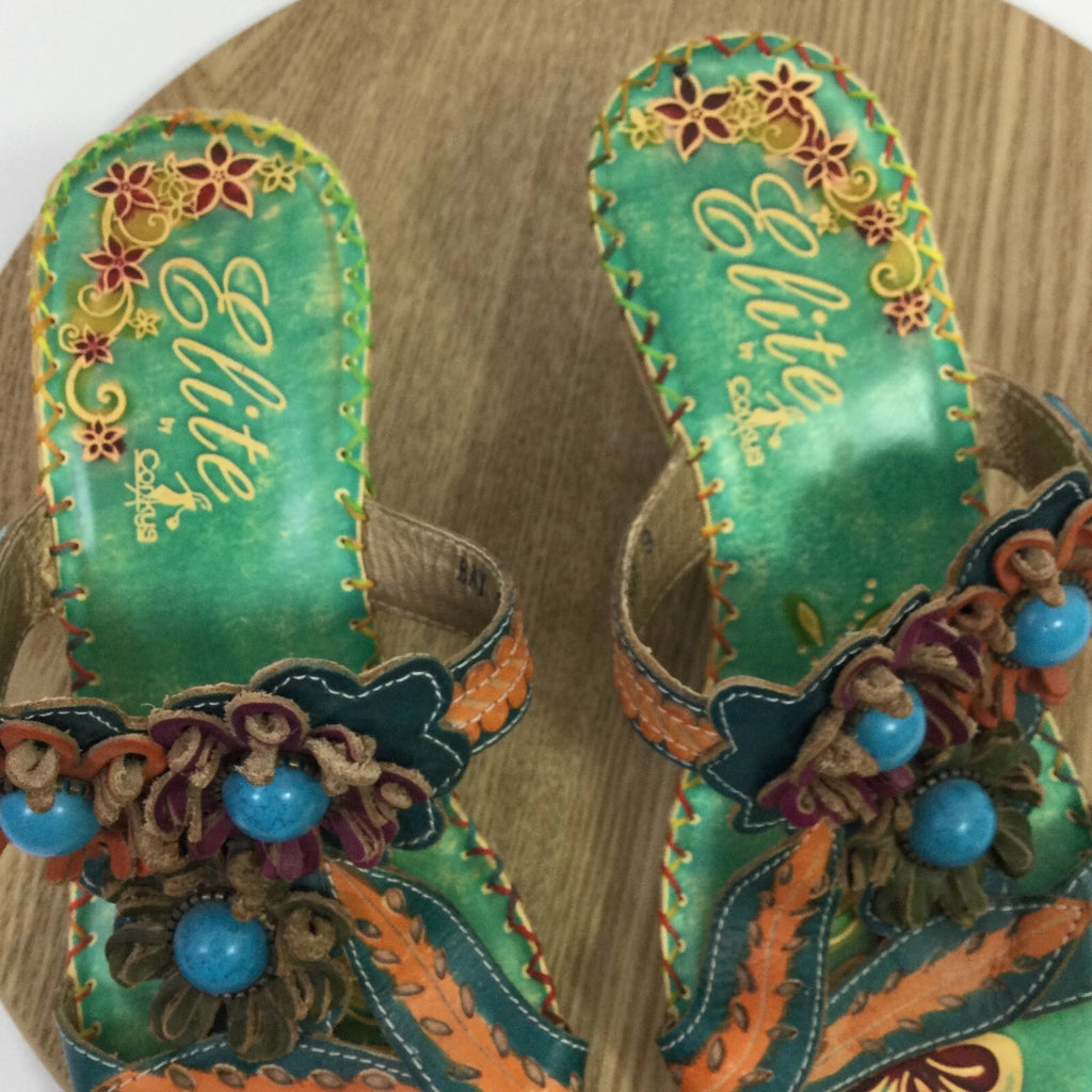 Corkys Elite Bay Leather Beaded Flower Slide Wedge Sandals Blue Green Artsy Sz 9