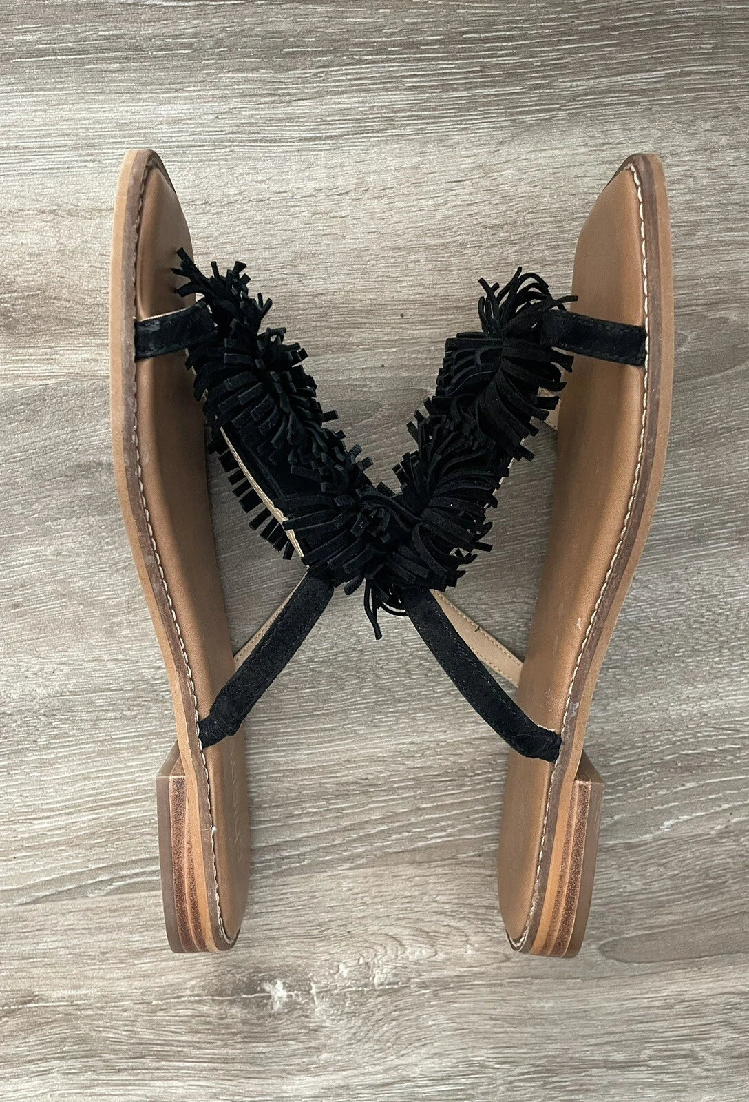 CHICO’S Delray Black Leather Suede Fringe Slide Sandals Shoes - Women’s Size 8