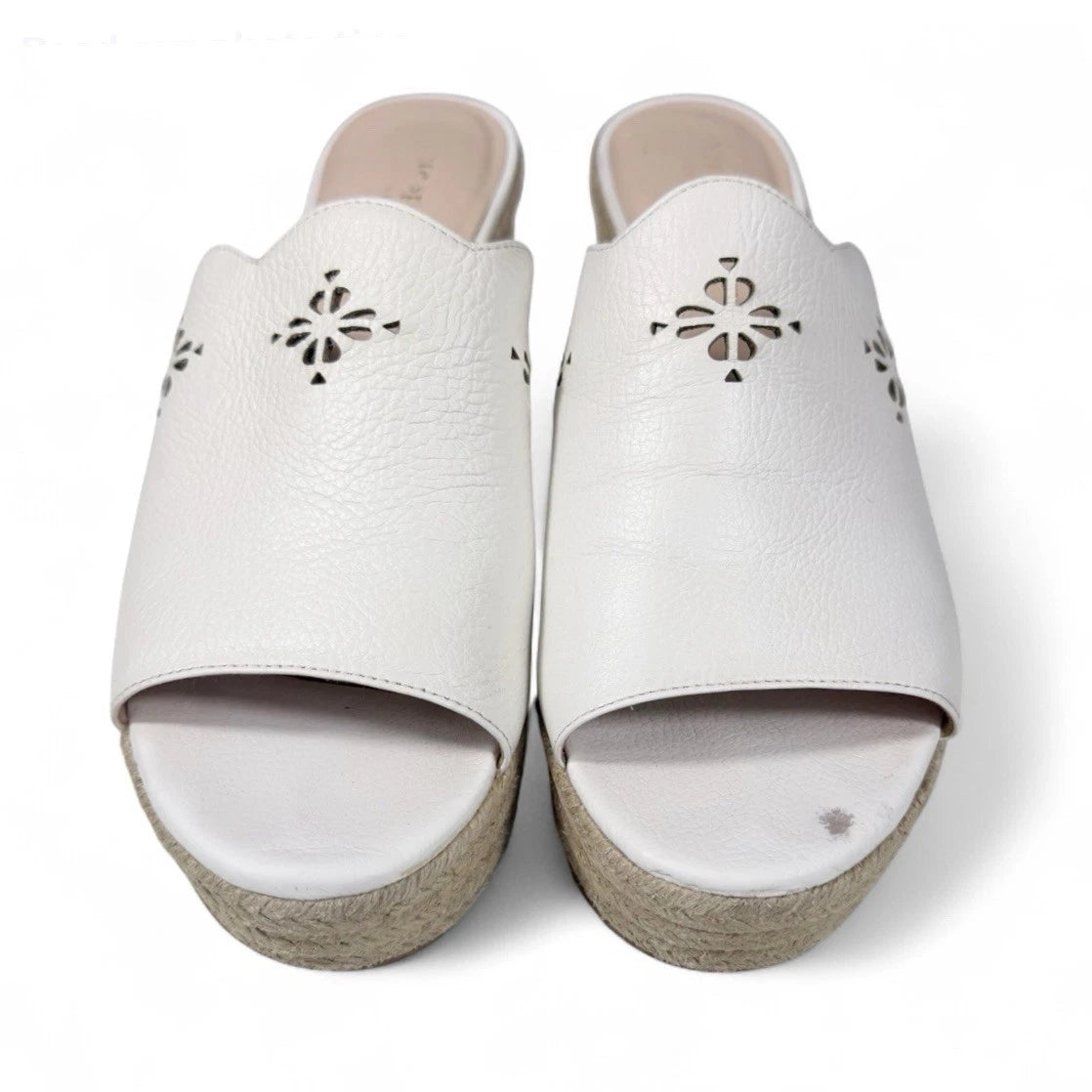 Kate Spade White Leather Espadrille Wedge Sandals 8.5 Floral Cut Out Designer