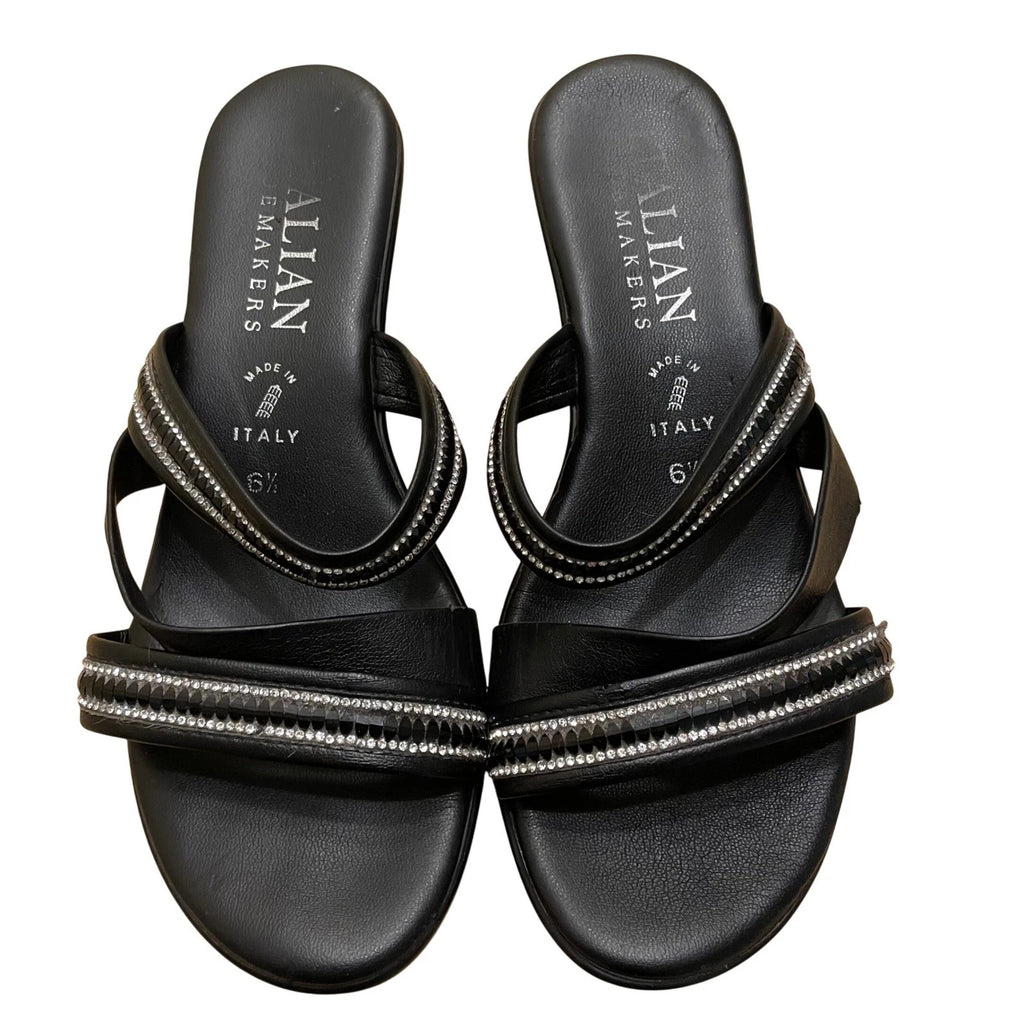 Italian Makers Black Rhinestone Wedge Sandals Slides Made in Italy 6.5