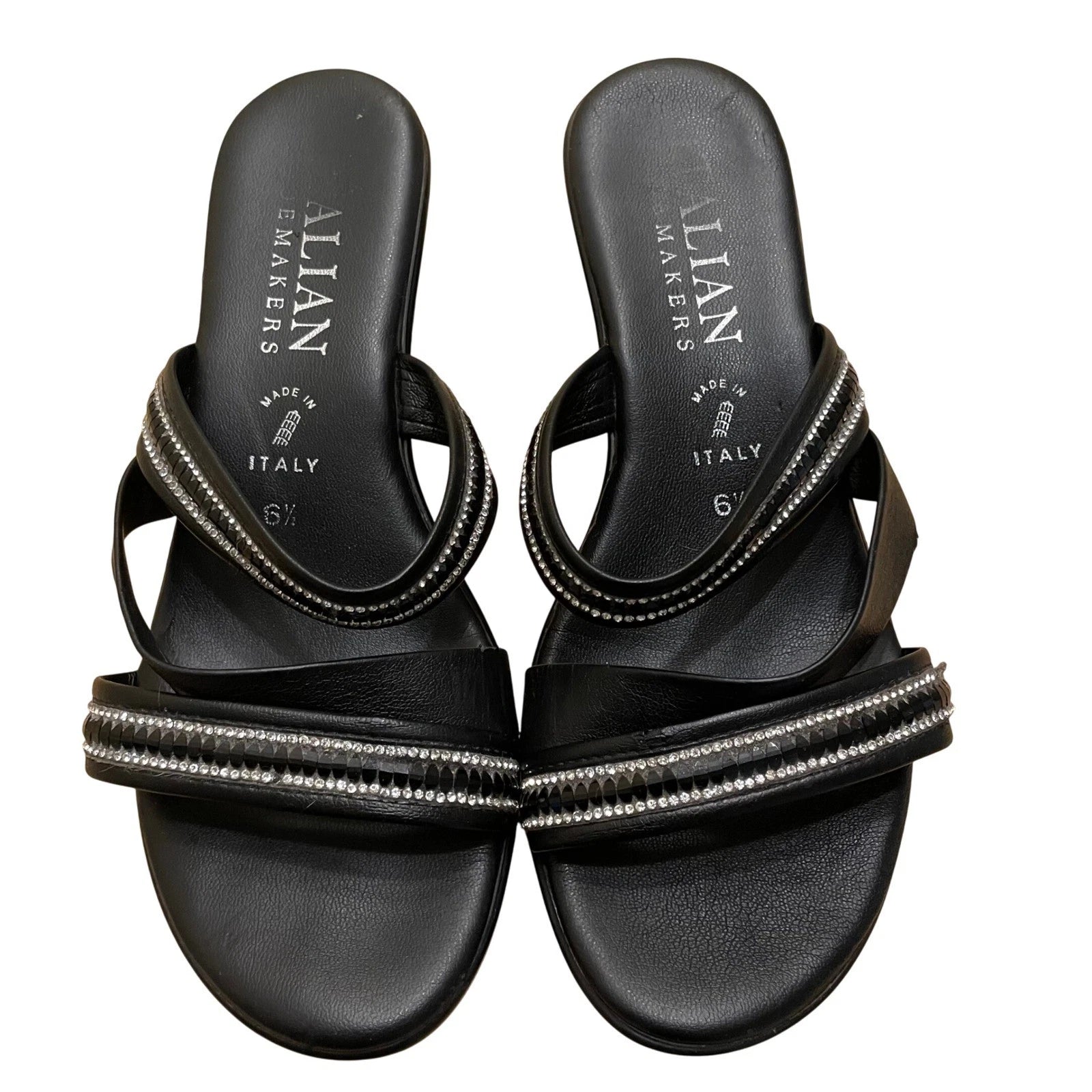 Italian Makers Black Rhinestone Wedge Sandals Slides Made in Italy 6.5