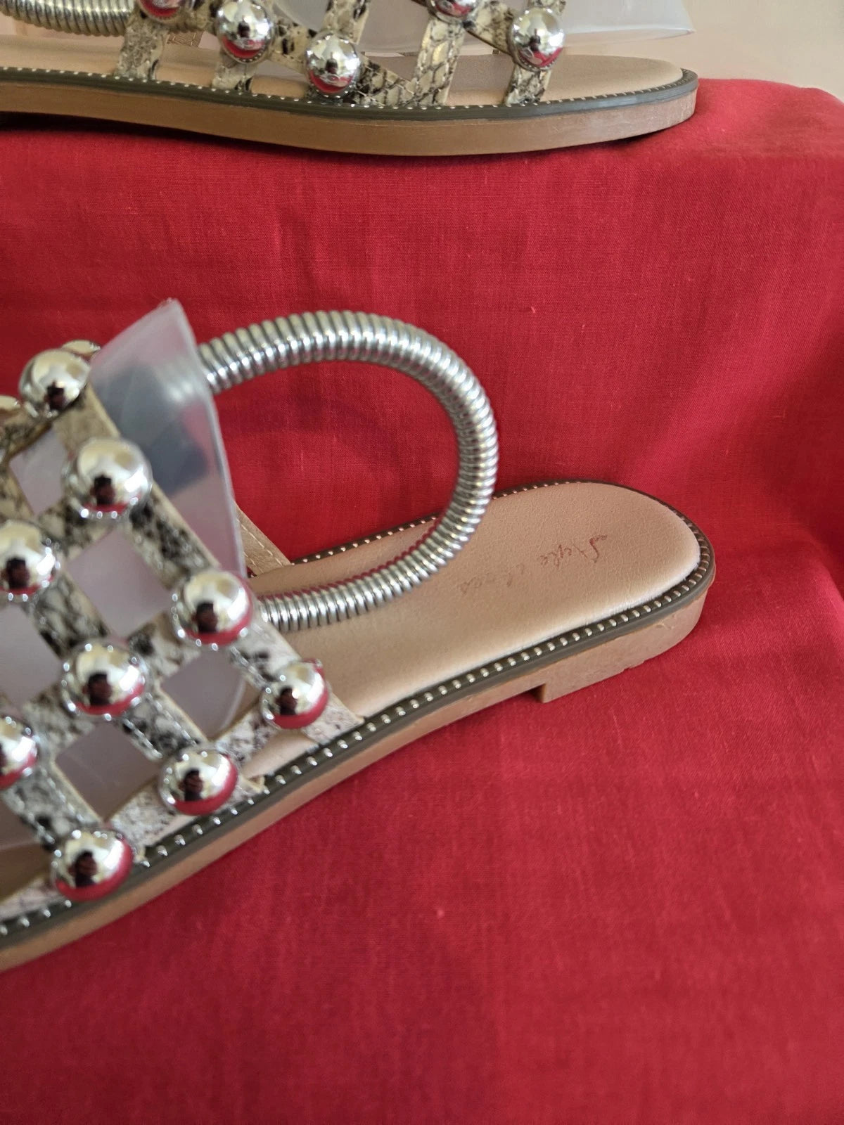 Women's Natural Snake Effect Slides Flip Flops With Chrome Studding Size 6