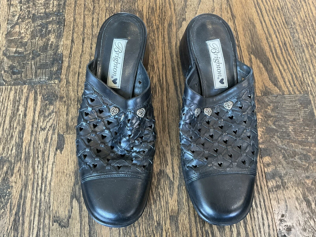 Brighton Fanny  Block Heel Slide Woven Black Leather Shoe Mule Women's Size 8 M