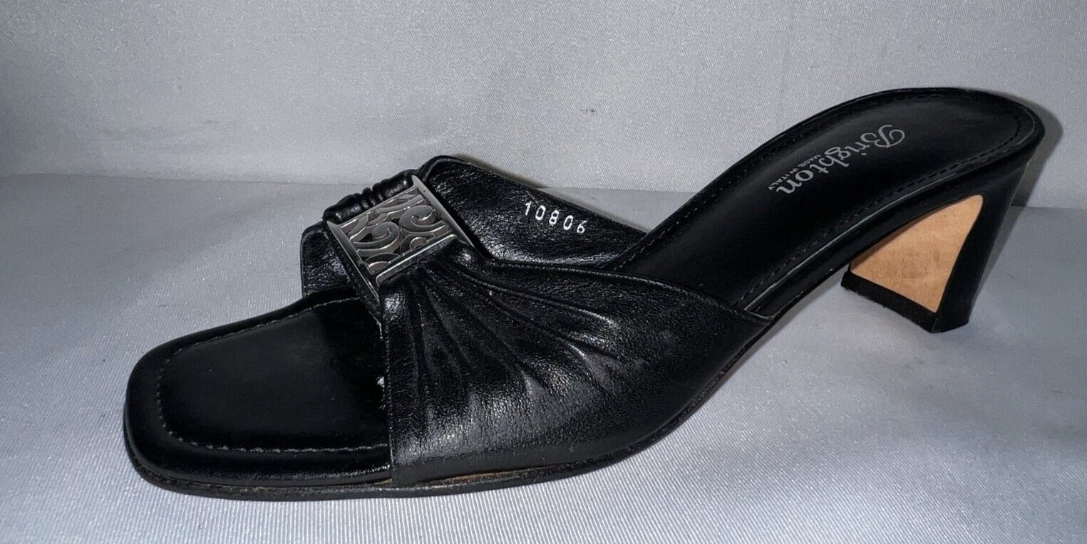 BRIGHTON Shoes Women's Size 7.5 Black Leather Silver Accent TARRAH Sandals Heels