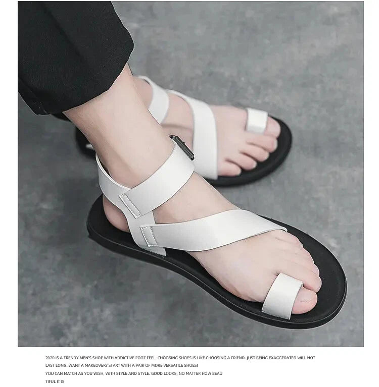 38-45 Mens Sandals Roman Style Ring Toe Slingback PU Leather Summer Casual Flats
