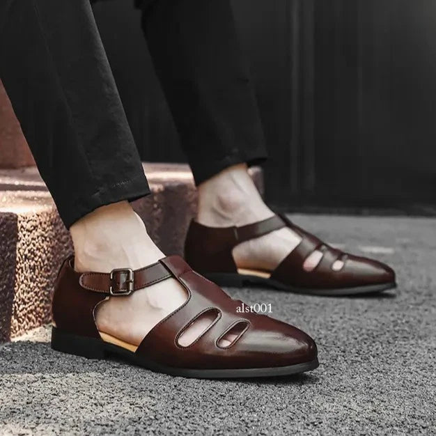 Roman Style Mens Closed Toe Sandals Hollow Out Buckle Flat Business Formal Dress