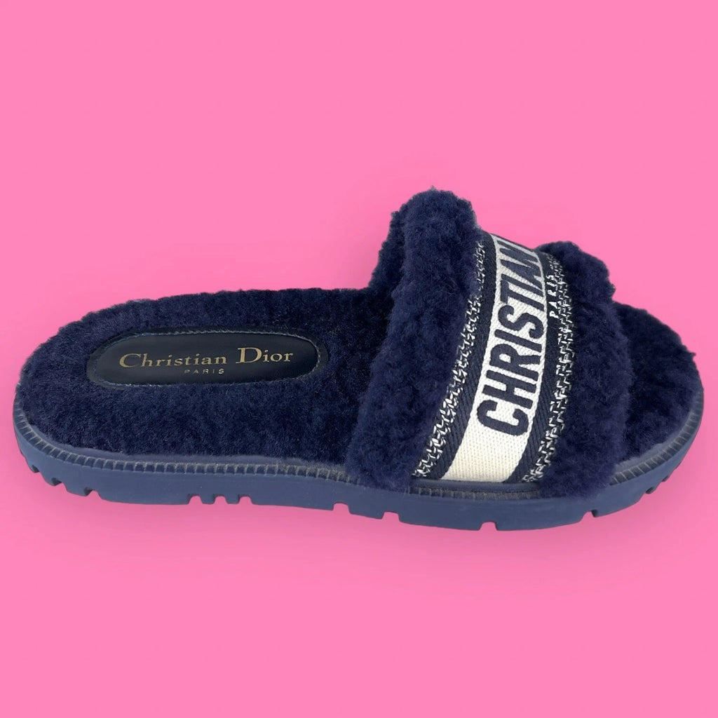 AUTHENTIC Christian Dior Dway Shearling Fur Deep Blue Slides Sandals - Size 36
