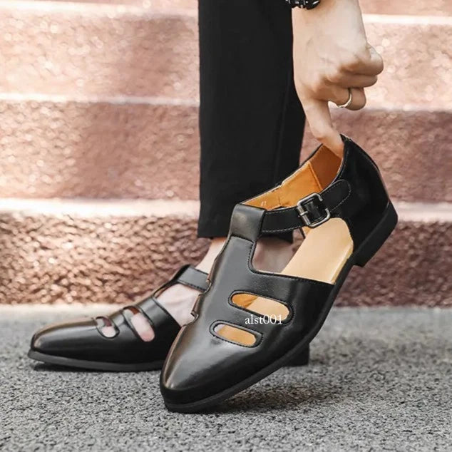 Roman Style Mens Closed Toe Sandals Hollow Out Buckle Flat Business Formal Dress