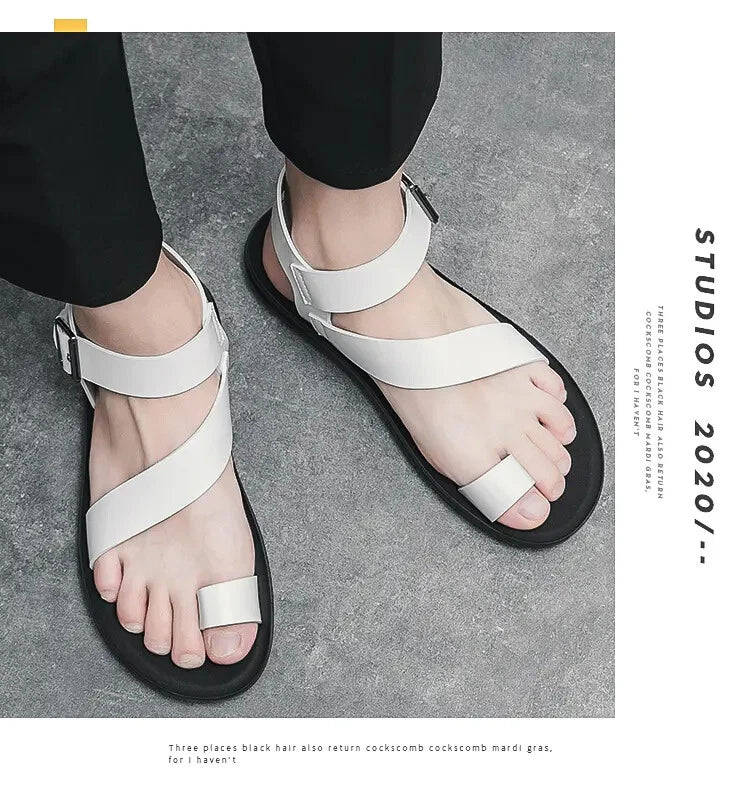 38-45 Mens Sandals Roman Style Ring Toe Slingback PU Leather Summer Casual Flats