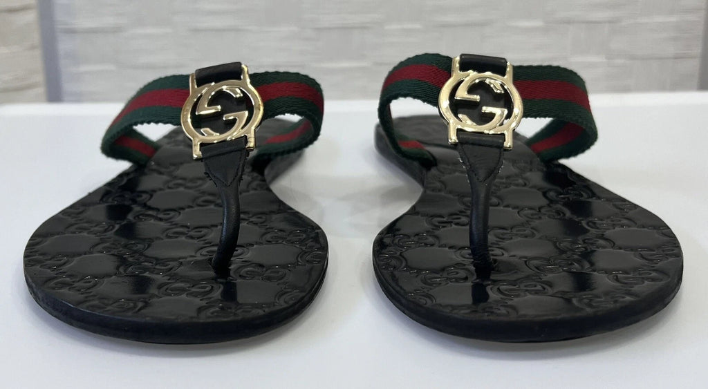 Gucci GG Web Stripe Thong Sandals EU 36 US 6 Black Flat Flip Flop Slide Slipper