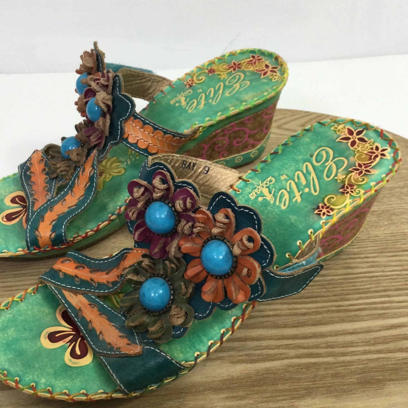 Corkys Elite Bay Leather Beaded Flower Slide Wedge Sandals Blue Green Artsy Sz 9