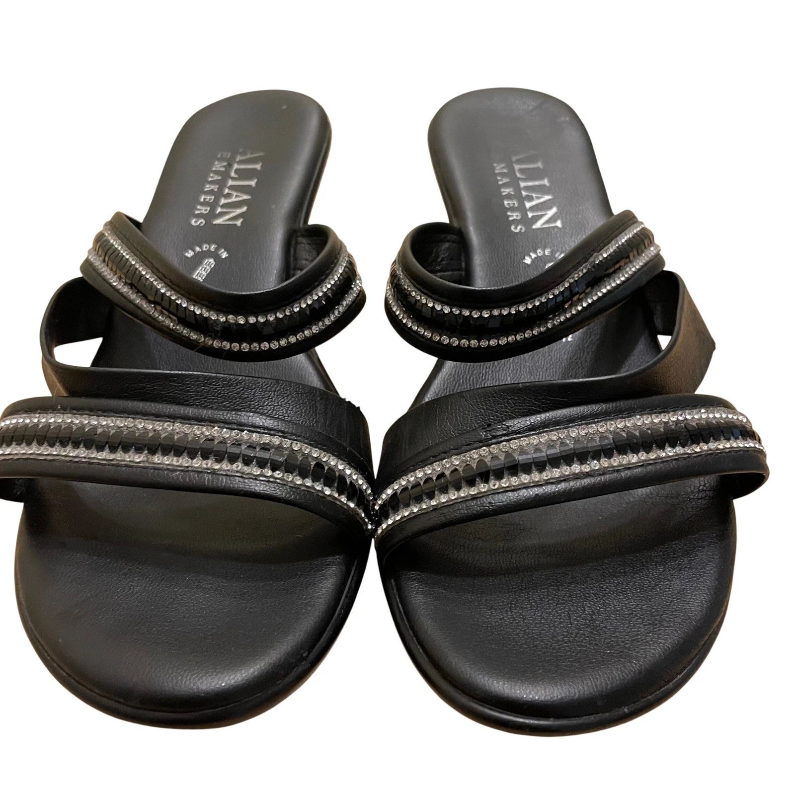 Italian Makers Black Rhinestone Wedge Sandals Slides Made in Italy 6.5