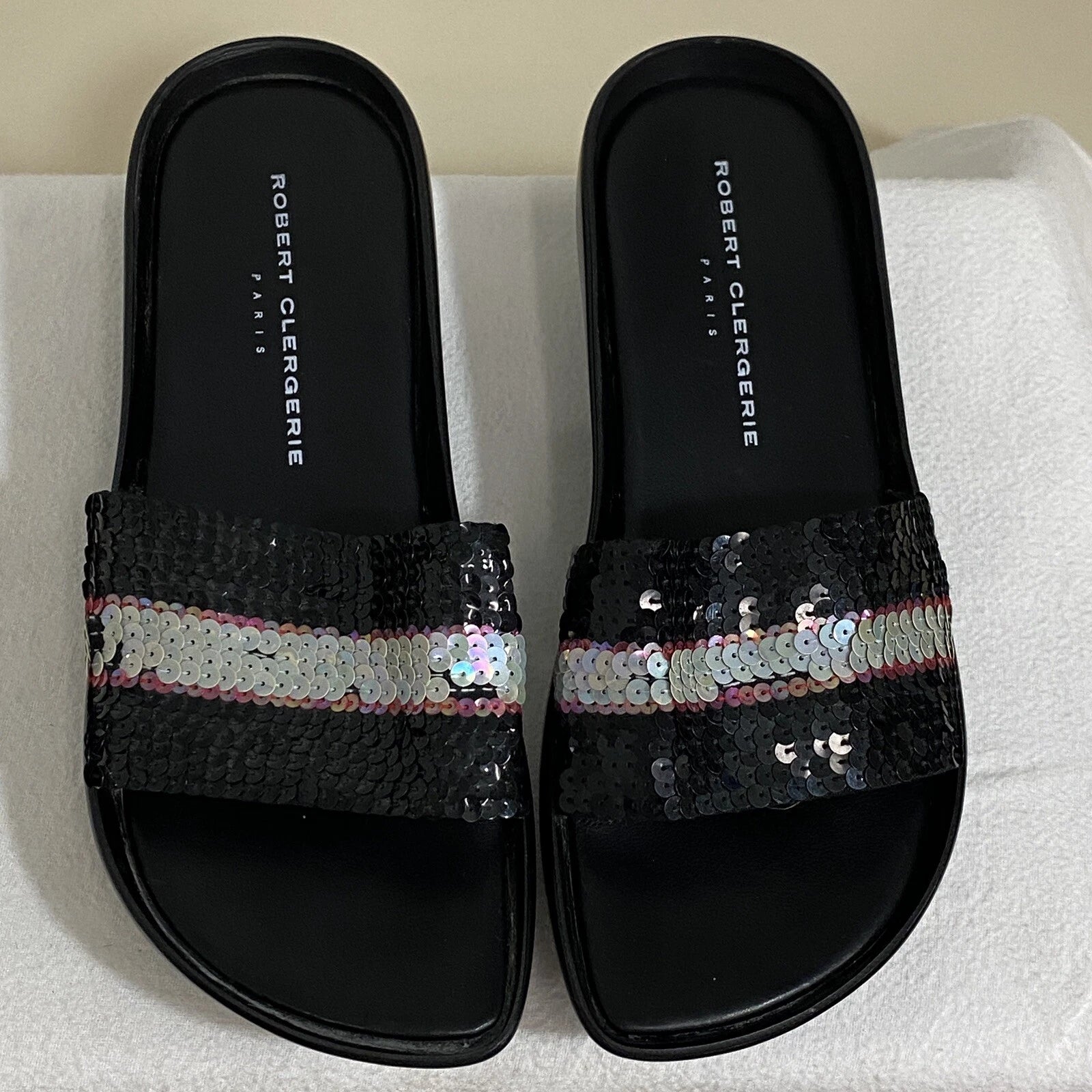Robert Clergerie Paris Sandals Women's 7 Black Leather Multi Sequin Platform