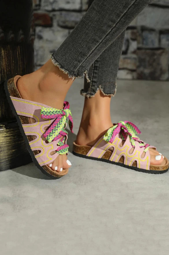Women’s Casual Leather Look Chunky Ribbon Shoelace Top Post Sandals. EU 36-41