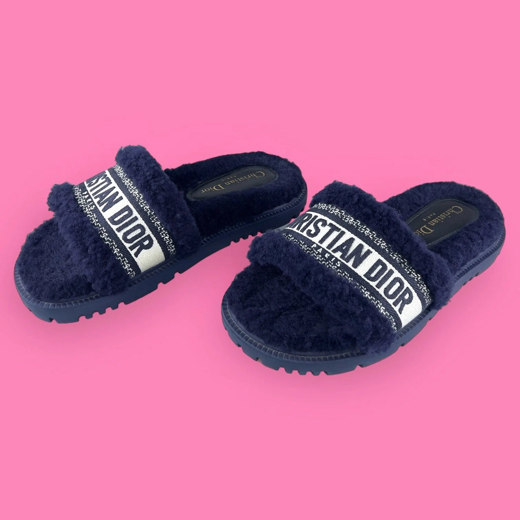 AUTHENTIC Christian Dior Dway Shearling Fur Deep Blue Slides Sandals - Size 36