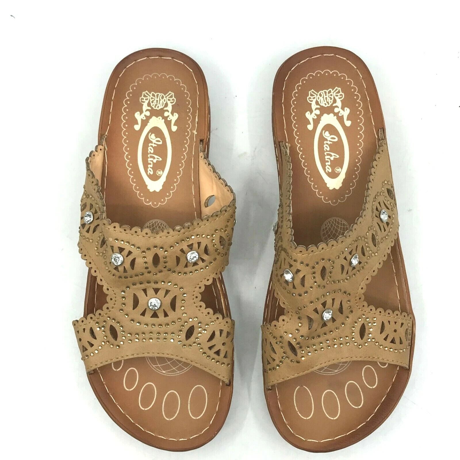 Italina Women's Slide Sandals Brown Rhinestone Straps Size 6.5 Slip-On  [A20]
