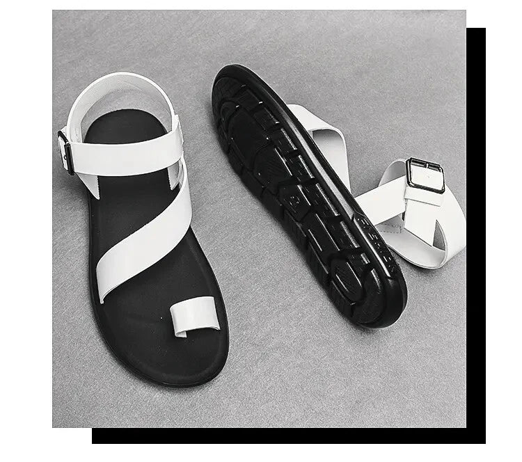38-45 Mens Sandals Roman Style Ring Toe Slingback PU Leather Summer Casual Flats