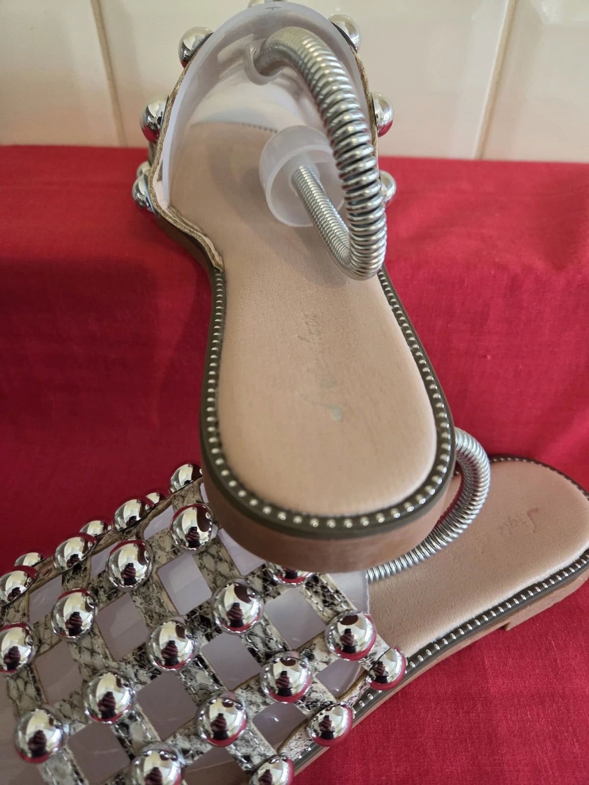 Women's Natural Snake Effect Slides Flip Flops With Chrome Studding Size 6