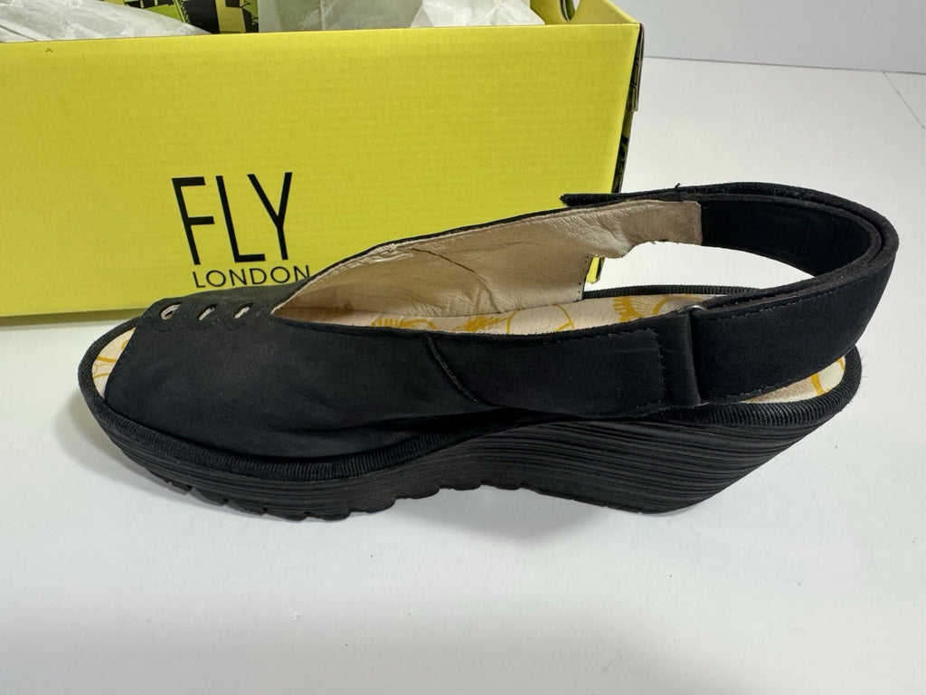 Fly London Women's Shoe Size 38 EU 7 US Cupido Black YEAY387FLY Wedge Sandal