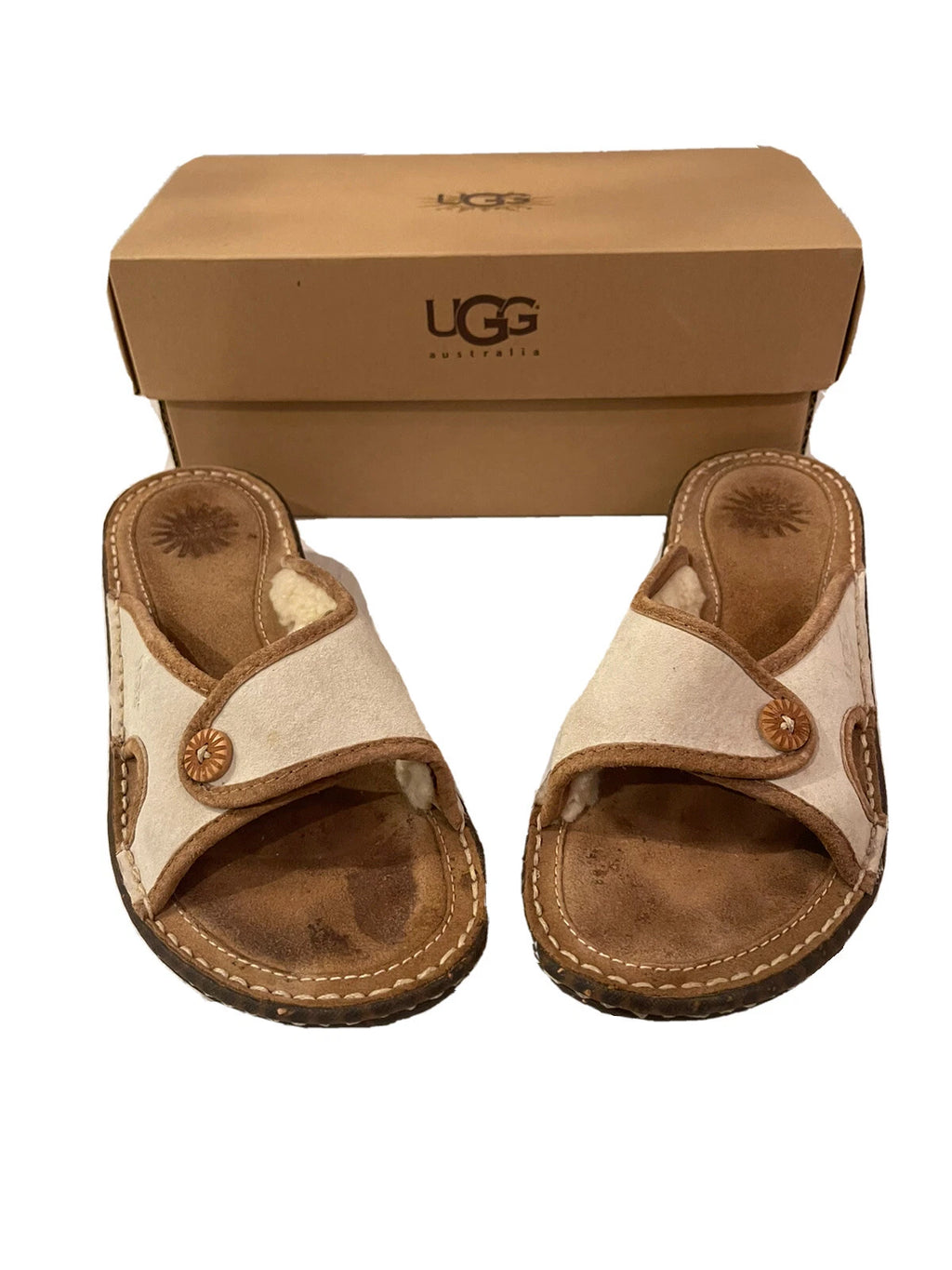 Uggs Australia Kalama Brown Cream Sheepskin Slides Womens 7 Shoes Sandals
