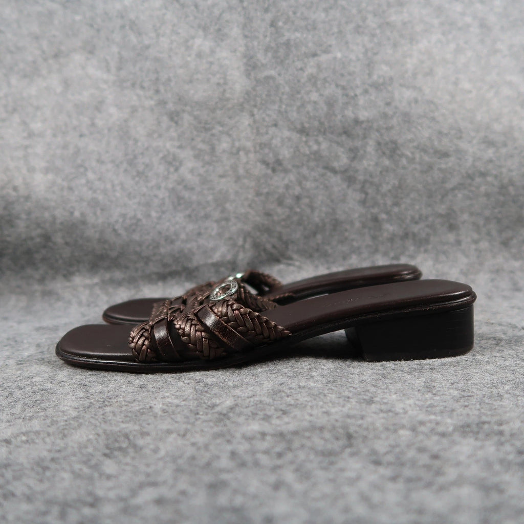 Brighton Shoes Womens 6.5 Sandals Leather Woven Slide Fashion Block Heel Brown