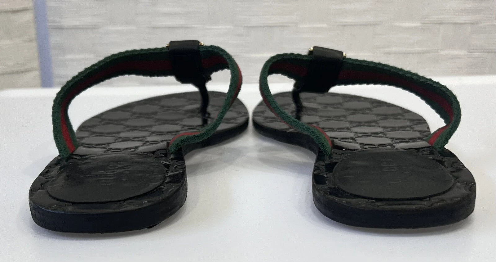 Gucci GG Web Stripe Thong Sandals EU 36 US 6 Black Flat Flip Flop Slide Slipper