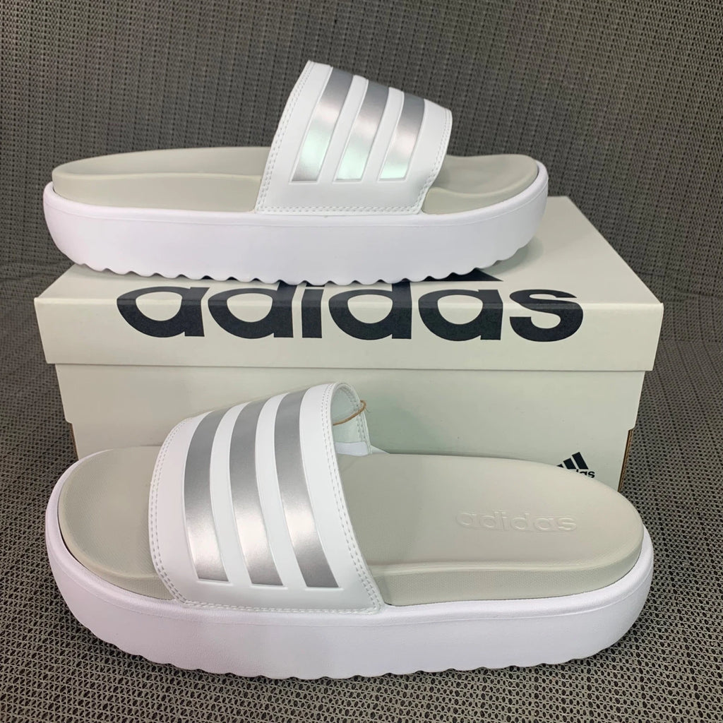 Adidas Adilette Womens Size 8 White/Silver Platform Slides fashionable footwear