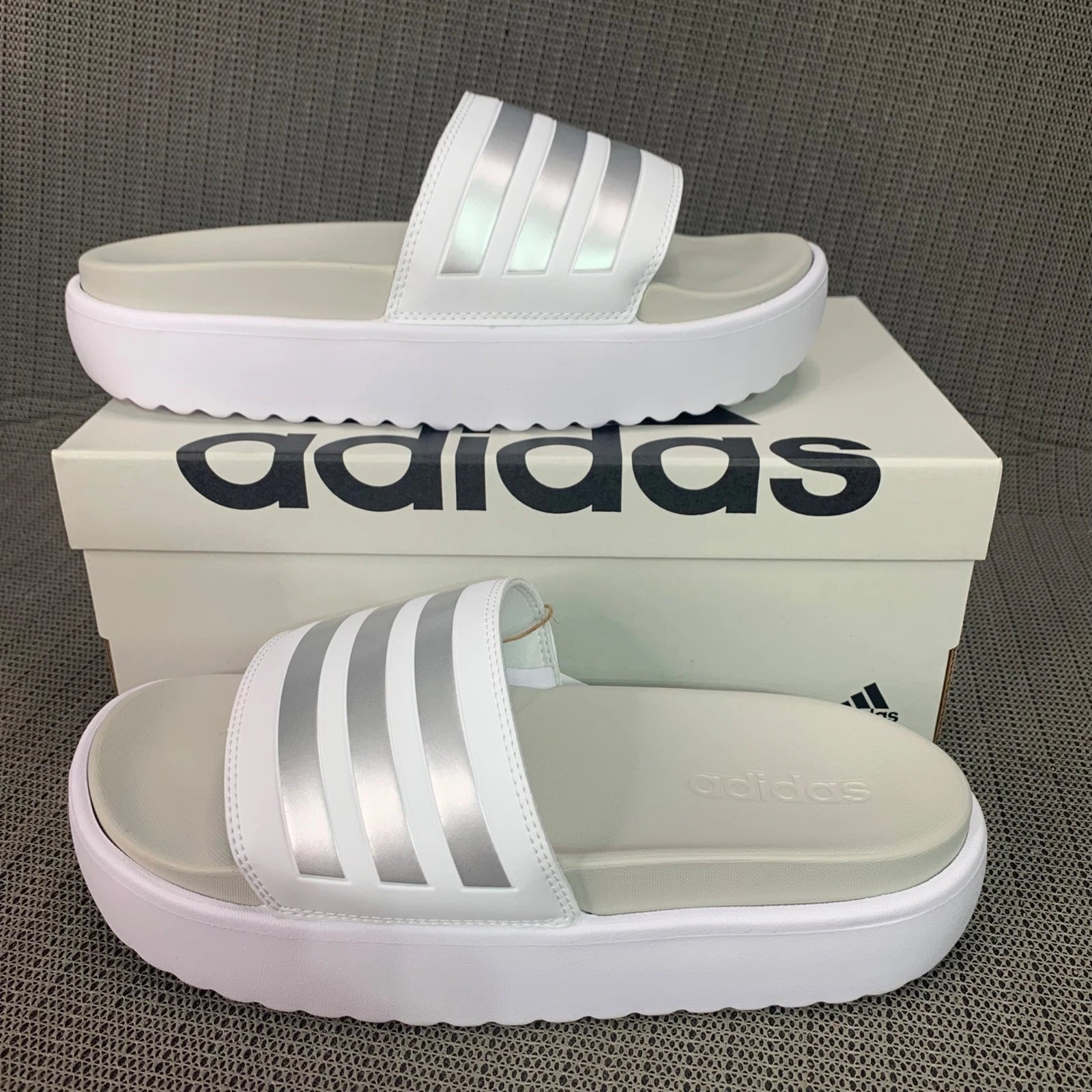 Adidas Adilette Womens Size 8 White/Silver Platform Slides fashionable footwear
