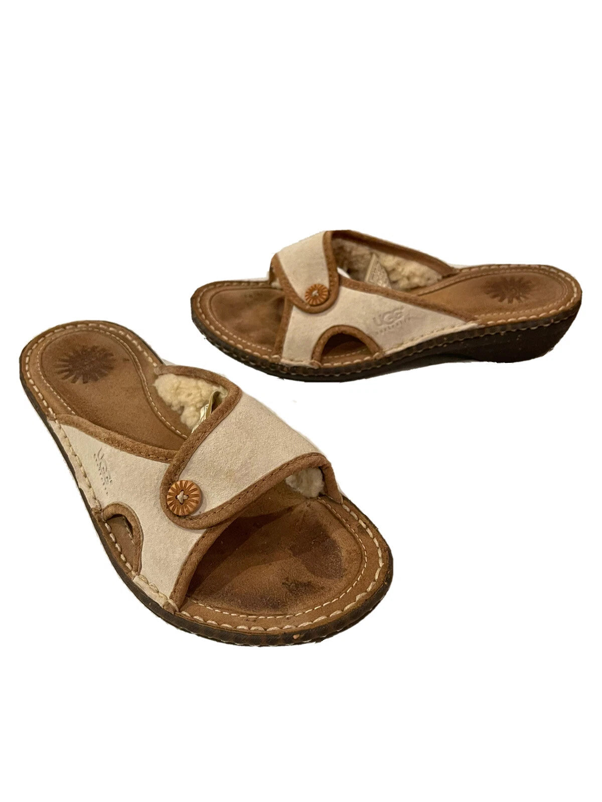 Uggs Australia Kalama Brown Cream Sheepskin Slides Womens 7 Shoes Sandals