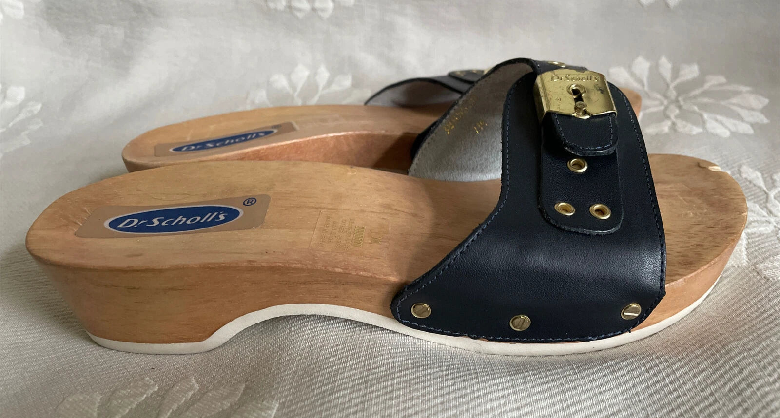 DR SCHOLLS Style Blue Leather? Wooden Sandals Sz 7