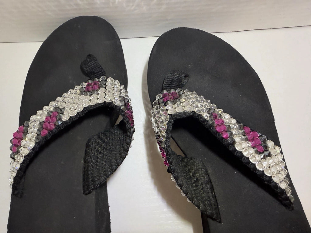 Bedazzled Crystal Y2K Black Flip Flop Wedge Pink And Black Women’s SZ 8
