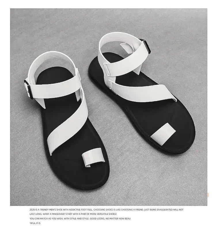 38-45 Mens Sandals Roman Style Ring Toe Slingback PU Leather Summer Casual Flats