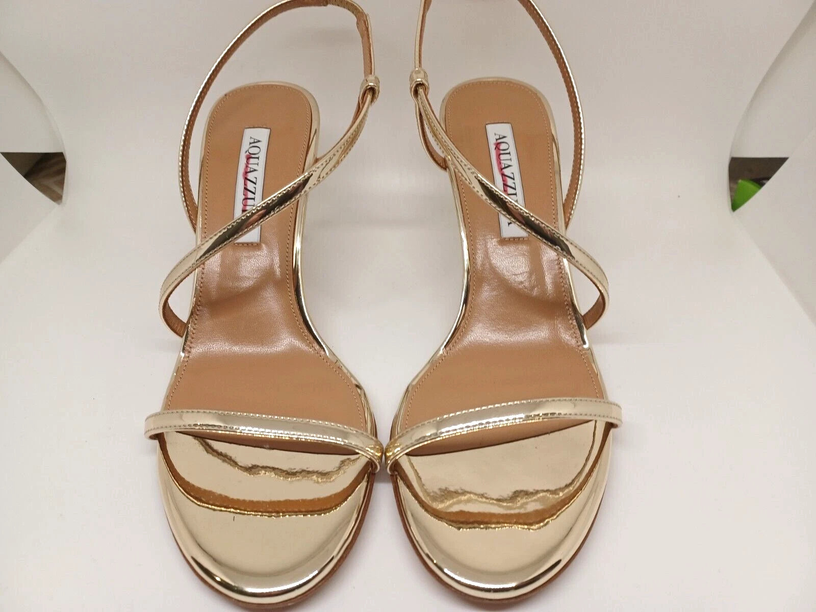 New AQUAZZURA $750 Shiny Gold Metallic Strappy Stiletto Sling Sandal Italy EU 37