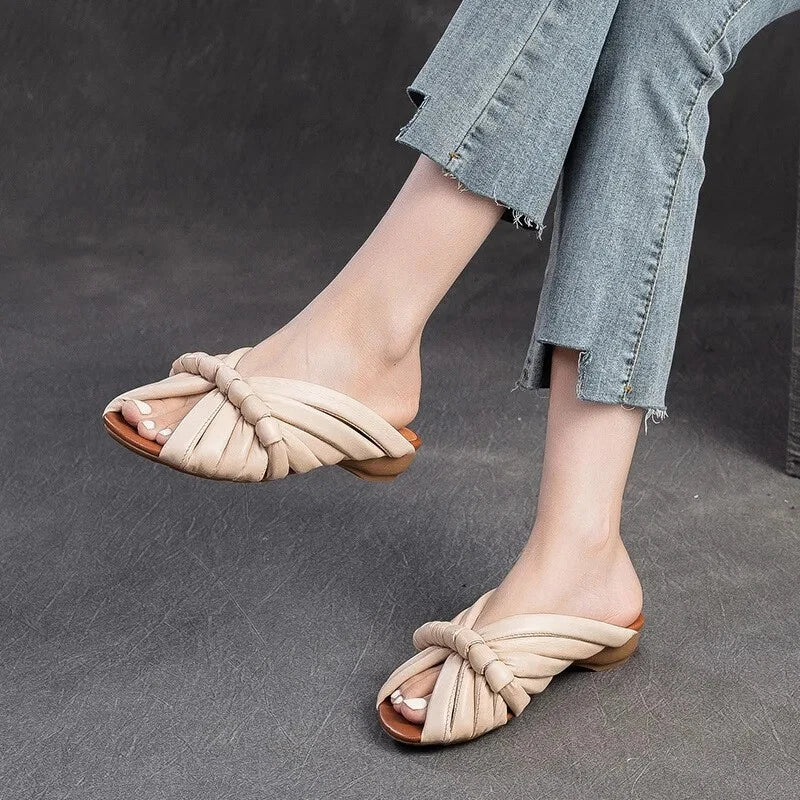 Summer Women Shoes Leather Fashion Low Heel Slippers Peep Toe Outdoor Shoe