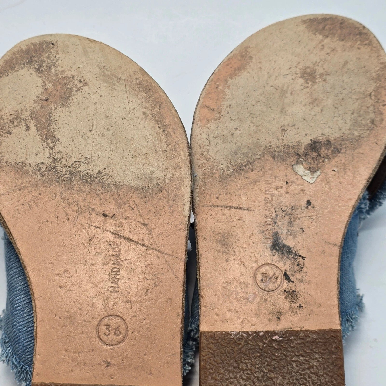 Ancient Greek Sandals Women's Size 8  Denim Frayed Slide Slip Ons Handmade Flats